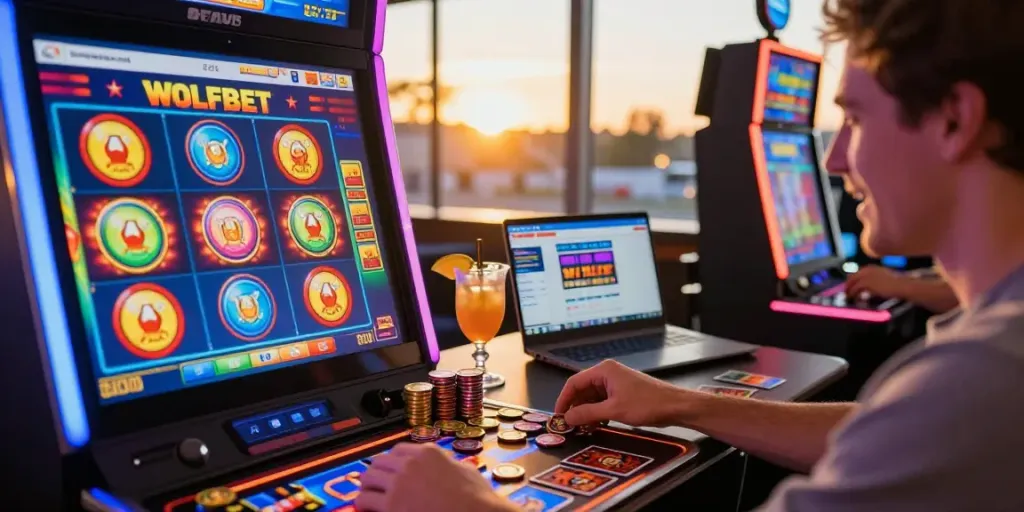 Exciting online gaming scene at https://wolfbet-bonus.com/ with lively slot machine and vibrant atmosphere.