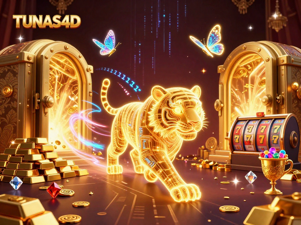 TUNAS4D showcases an electrifying digital casino with a golden tiger and slot game elements.