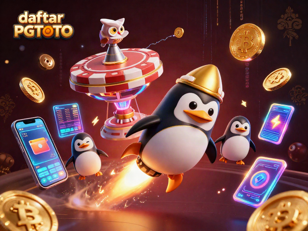 Engage with daftar PGTOTO as a golden penguin navigates cryptocurrency in a vibrant casino universe.
