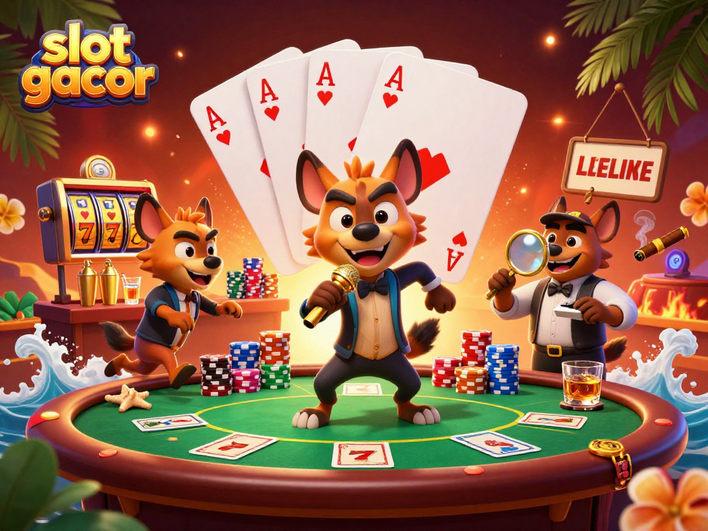 Slot gacor menampilkan hyenas konyol di klub kasino, meriah dan penuh aksi.