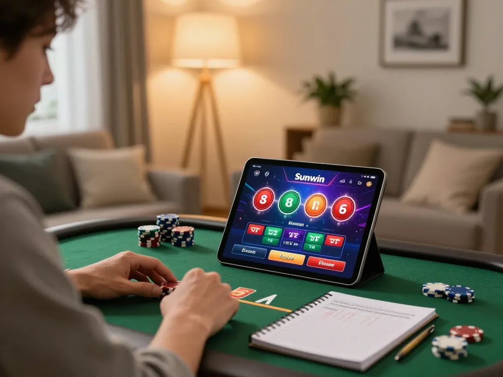 Player enjoying the Sunwin casino app on a tablet at home, demonstrating responsible gaming.
