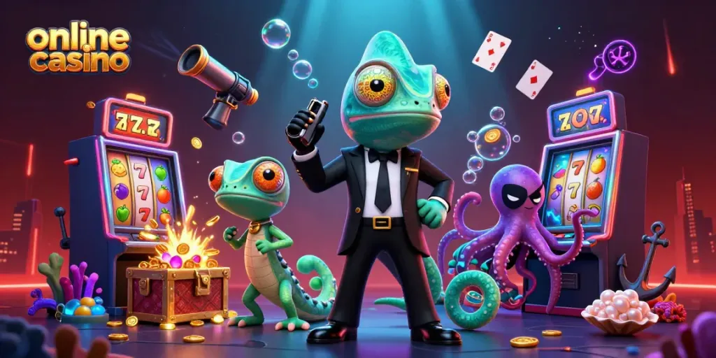 Engage in exciting online casino adventures with 3D characters in a vibrant scene of slot machines and treasures.