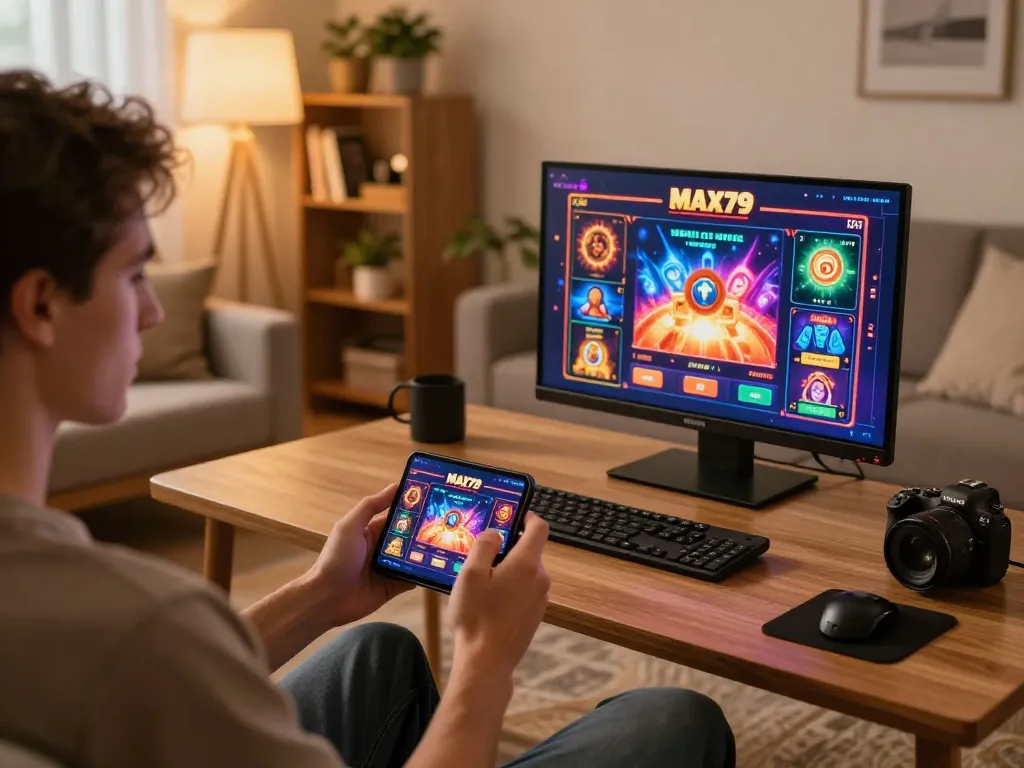 Player using MAX79 casino app on smartphone in stylish home environment