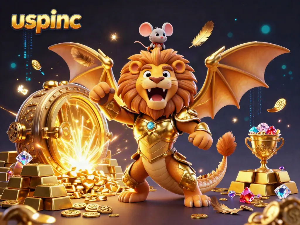 Experience the excitement of gaming at uspinc with a vivid illustration of a chimera creature and treasures.