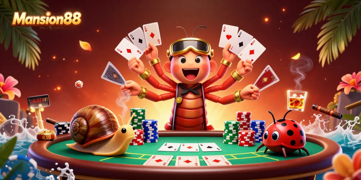 Mansion88 shows a lively casino scene with a cartoon millipede dealer and vibrant poker elements.