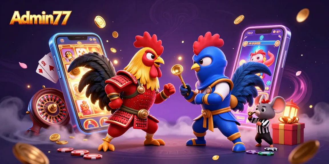 Admin77 showcases winning strategies in a dynamic rooster standoff amidst vibrant casino elements.