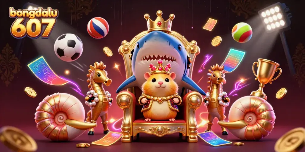 Experience bongdalu 607 with vibrant sports elements and a tiny golden hamster king on a megalodon throne.