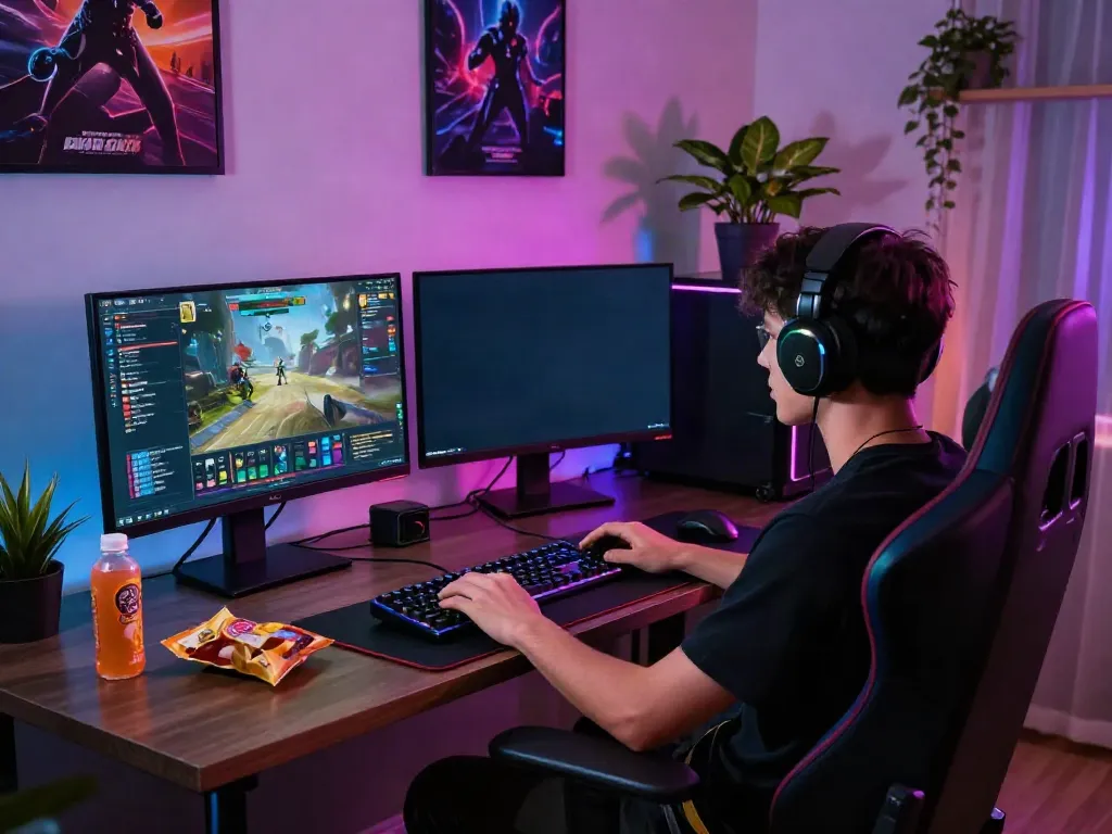 Ringkasan pengalaman bermain yang menarik di QQGOBET dengan gamer yang terfokus dan peralatan gaming modern.
