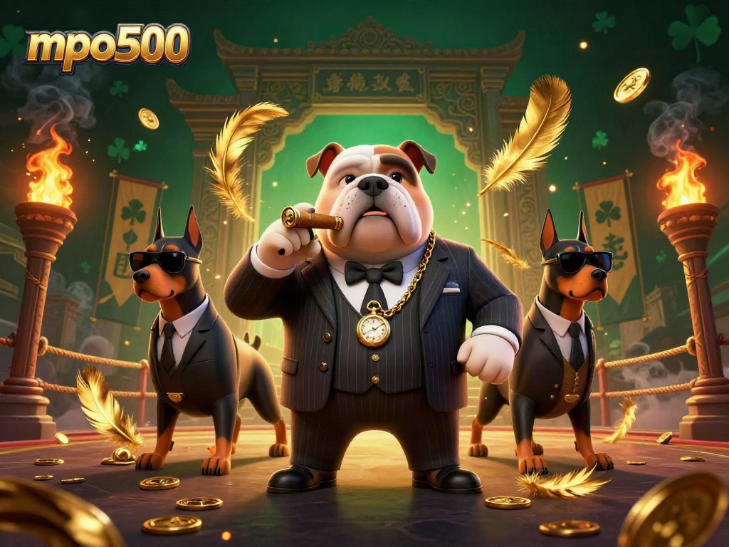 Menggunakan mpo500, gambarkan serunya permainan kasino dengan bos mafia bulldog dan penjaga Doberman di arena pertarungan.