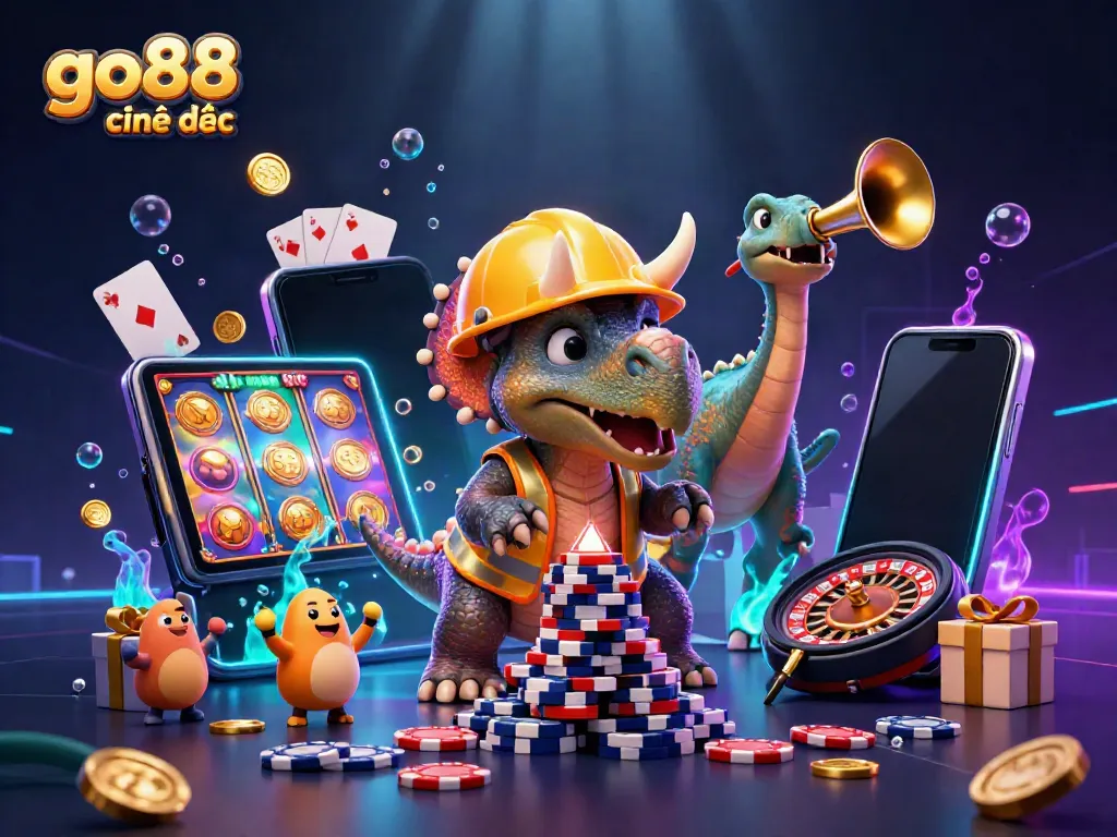 Experience excitement with go88 chính thức as vivid characters build a poker chip pyramid in a casino-themed scene.
