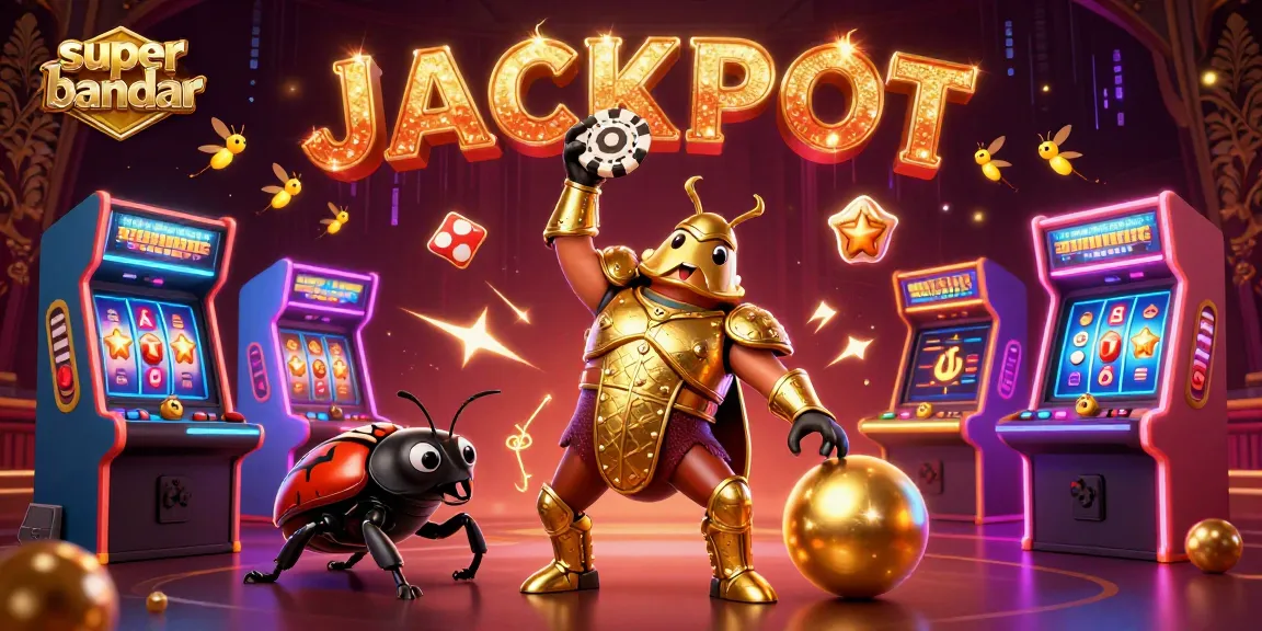 Superbandar mengangkat chip poker kemenangan dalam ilustrasi kasino yang meriah dengan efek neon dan latar belakang glamor.