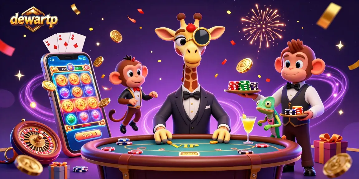 Bermain slot gacor di dewartp dengan jerapah mewah, monyet valet, dan bunglon bartender dalam suasana kasino megah