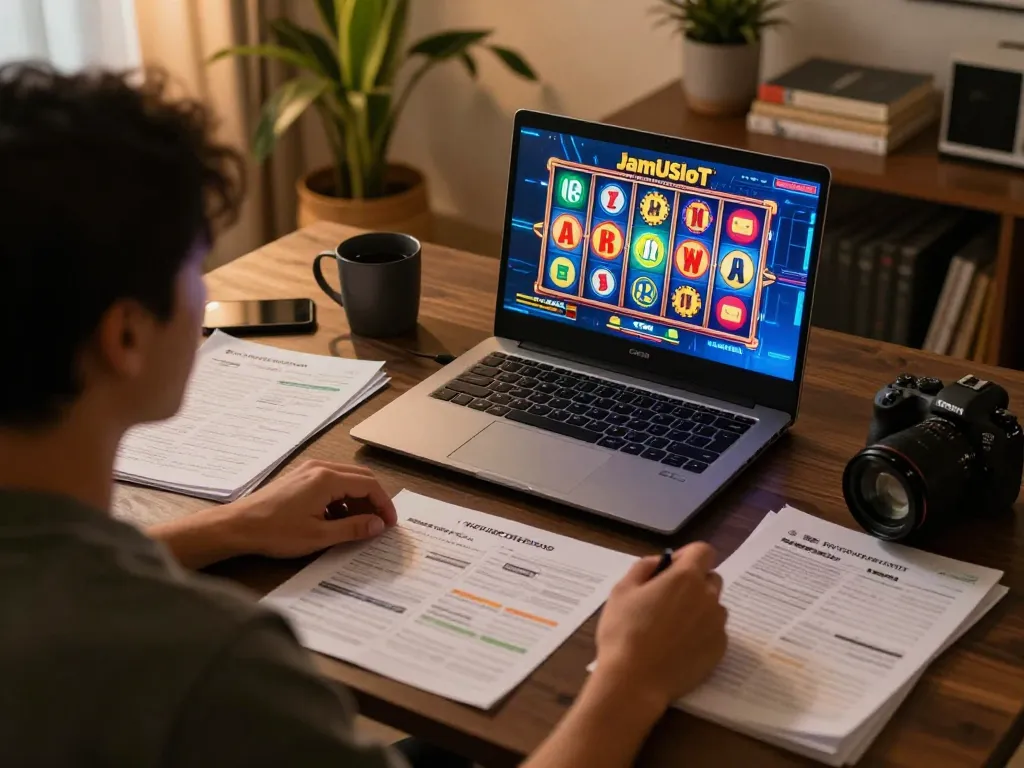 Playing situs slot gacor online, person engaged in exciting gameplay on laptop at home desk