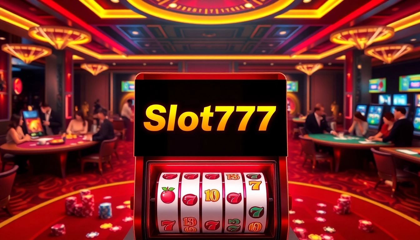Experience the thrill of winning at Slot777 login with vibrant casino visuals, showcasing slot machines and excited players.