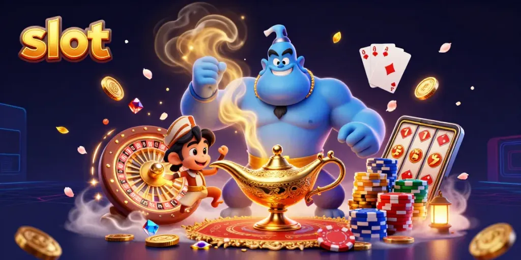 Experience the magic of slot with vivid characters, sparkling gems, and dynamic casino elements in a vibrant 3D illustration.
