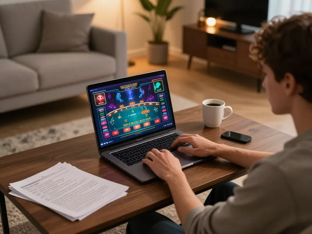 Engaging online gaming scene at trang chủ 78win with player using laptop for casino games.
