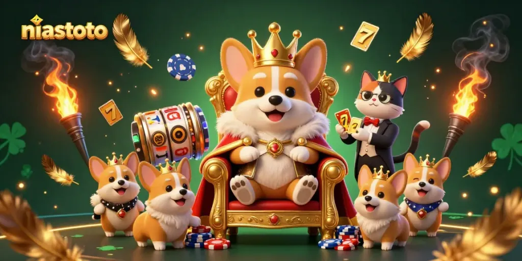 Menangkan permainan di niastoto dengan gambar detail corgi kerajaan dan elemen kasino yang memikat.
