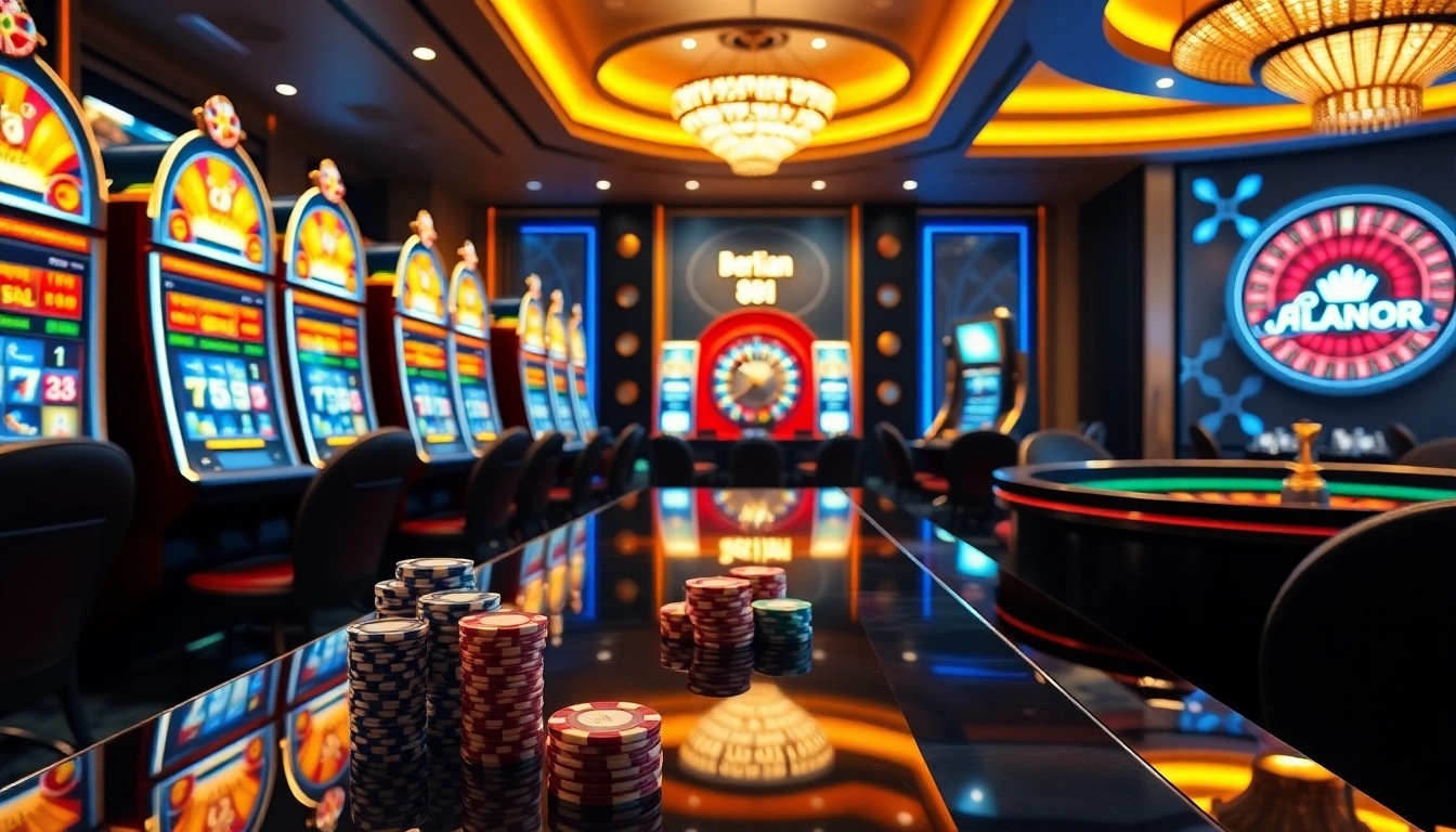 Berlian888 login interface displayed amidst luxurious slot machines and poker chips.