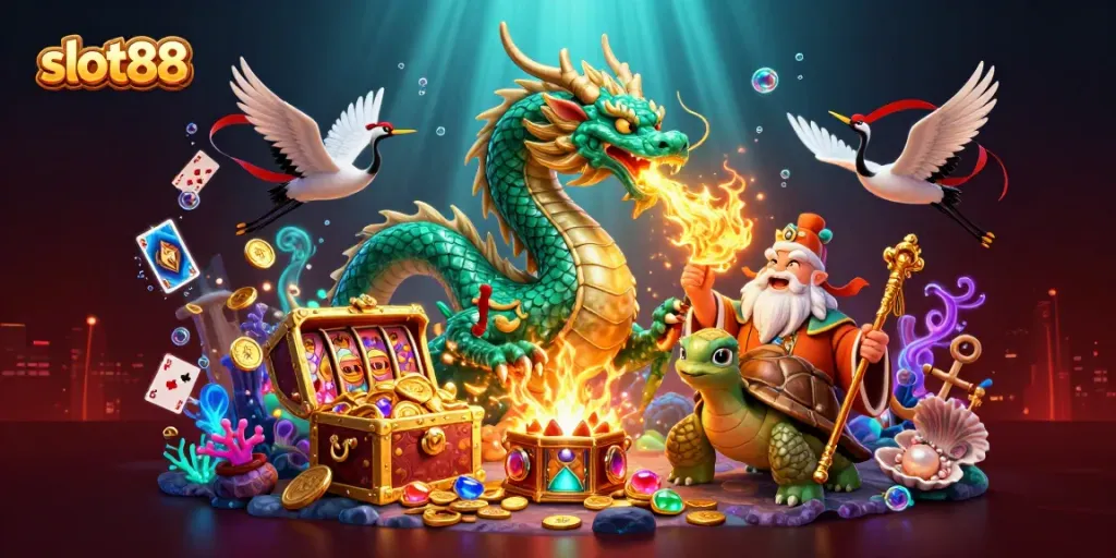 Engage in thrilling gameplay with slot88 in this vibrant 3D illustration featuring lucky symbols and dynamic casino energy.
