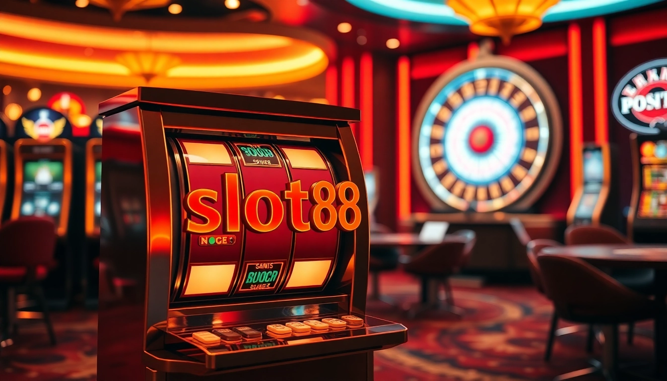 Spin the exciting slot88 machine on a vibrant casino floor filled with poker chips and excitement.