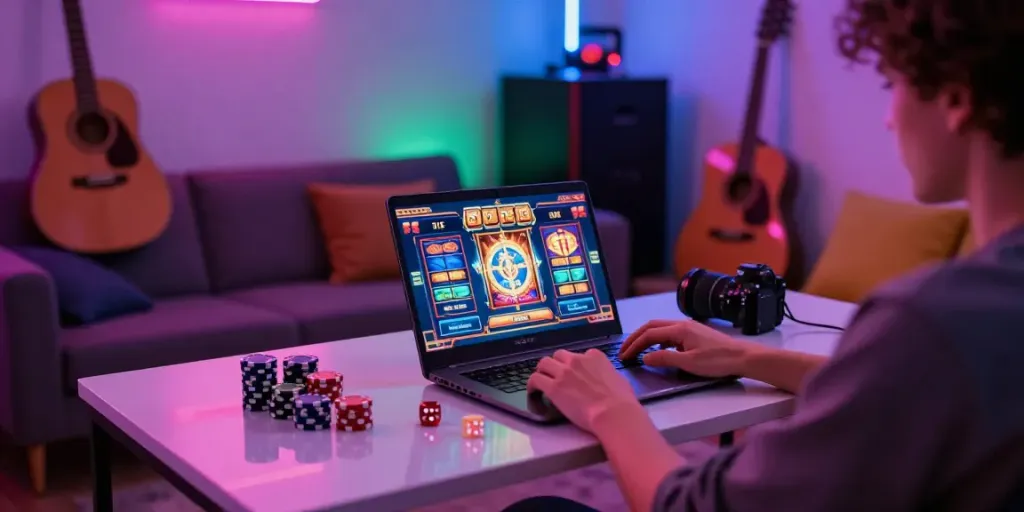 Engaging SLOTGEMBIRA gaming experience with vibrant decor and acoustic guitar.