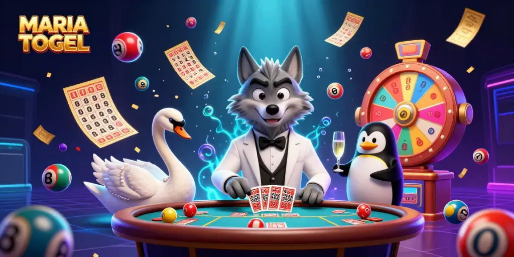 Experience MARIATOGEL's vibrant gaming world with an enchanting 3D illustration of a wolf, swan, and penguin at a baccarat table.