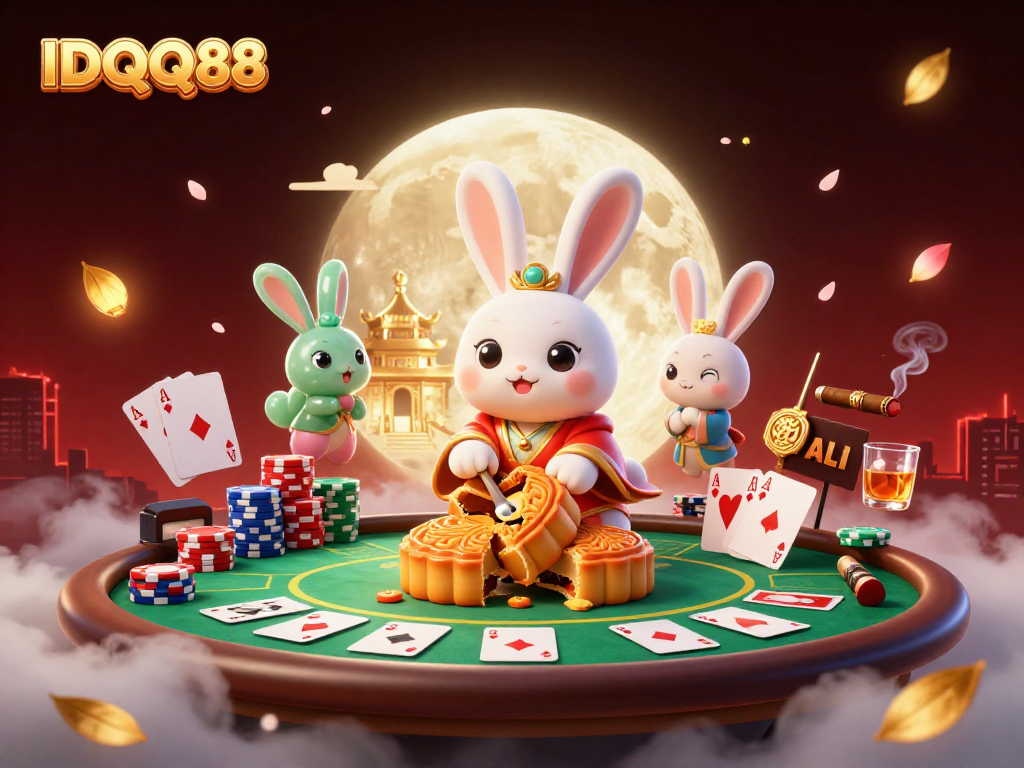 Engage with IDQQ88 as the moon rabbit reveals poker chips from mooncakes in a vibrant casino scene.