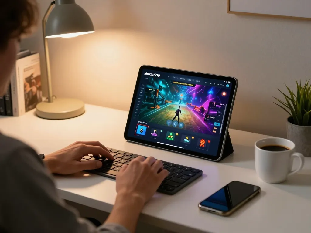 Berinteraksi dengan antarmuka tautan alexis500 di tablet untuk pengalaman perjudian online yang mendebarkan.