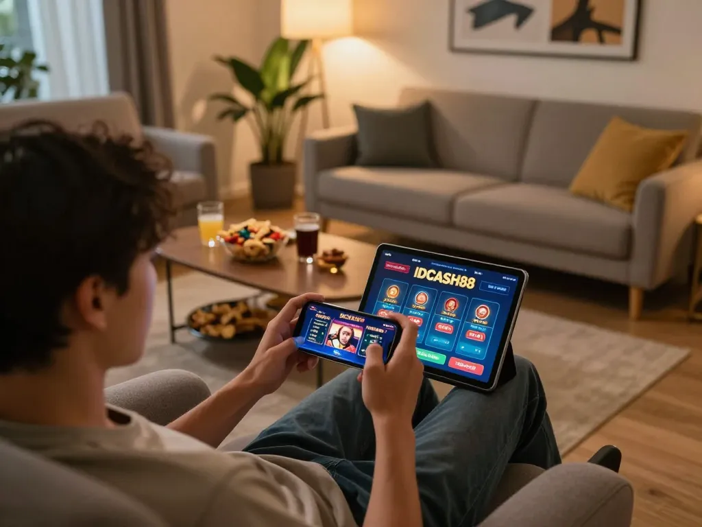 Engaged player using IDCASH88 on mobile for online casino gaming in a cozy setup.
