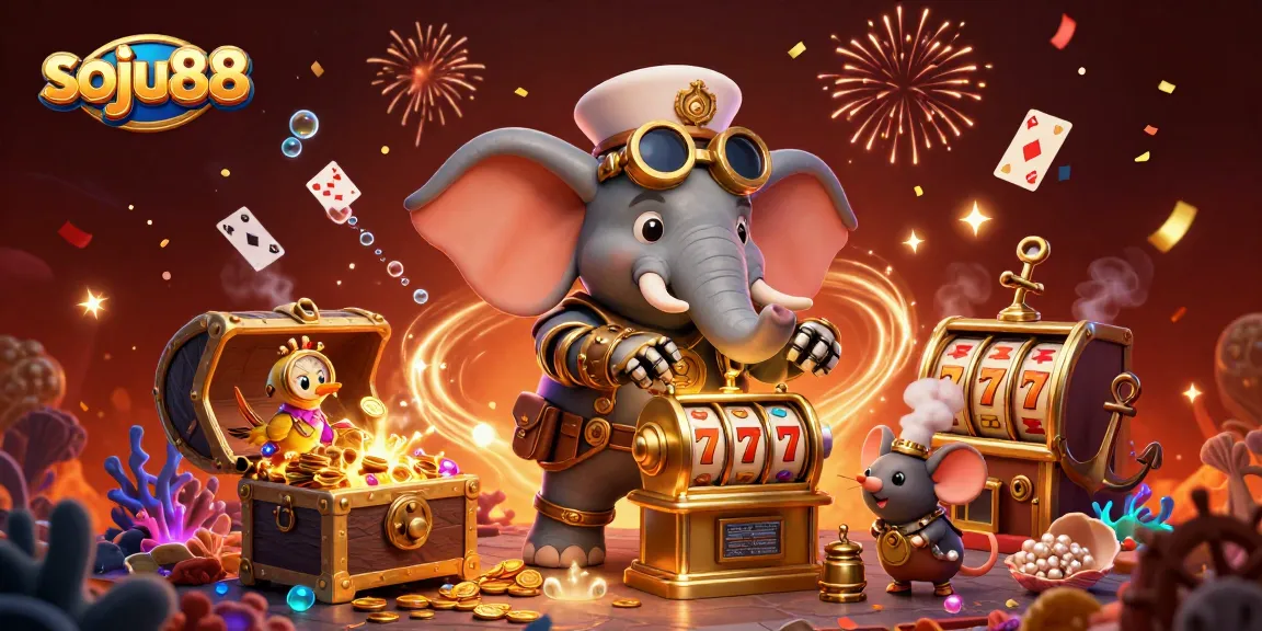 Spin the golden slot machine with soju88's steampunk elephant engineer in a vibrant casino world.