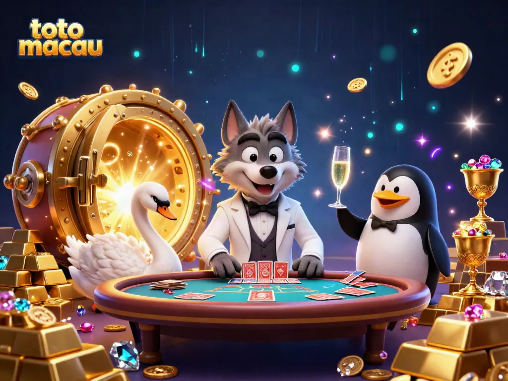 Toto macau menghadirkan suasana kasino dengan karakter serigala, angsa, dan penguin dalam permainan kartu yang glamor.