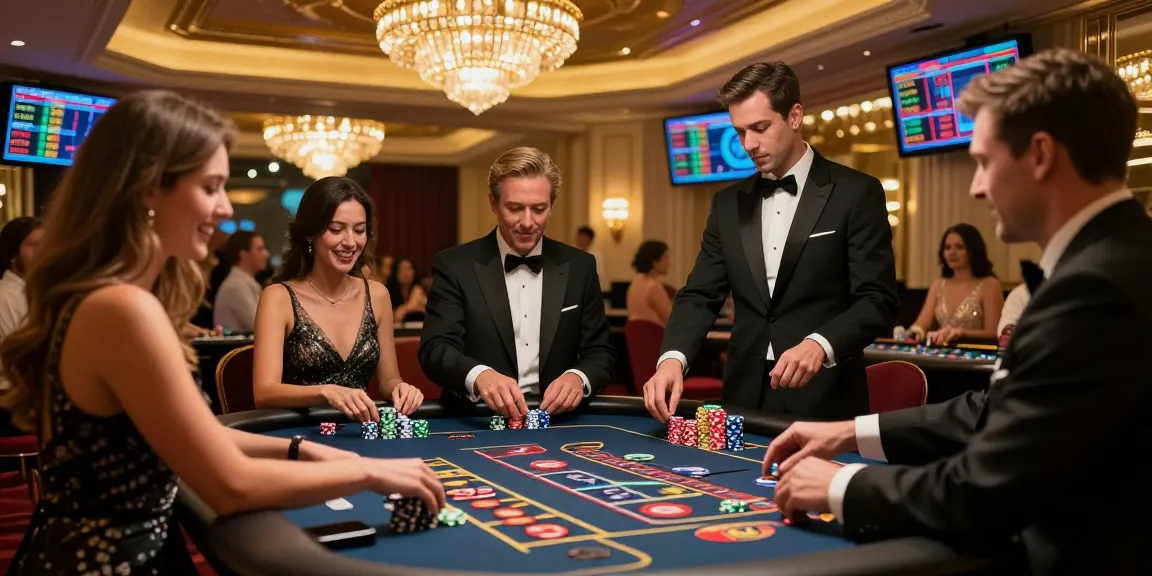 Pemain di kasino mewah menikmati LUXURY777 dengan suasana glamor di sekitar.