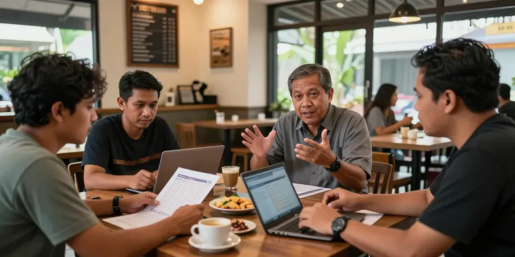 Diskusi strategi togel di BUKUMIMPI138 dengan teman-teman dalam suasana kafe yang hangat.