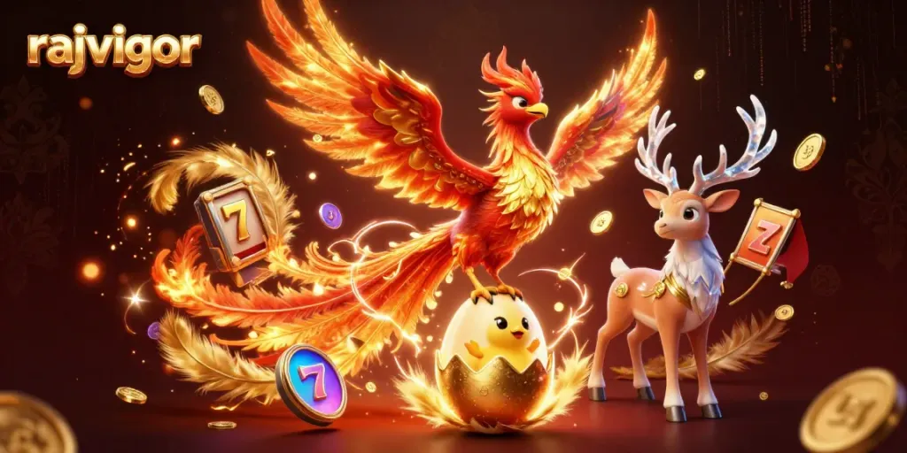 Experience the excitement of RAJAVIGOR with a vivid scene of a fiery phoenix, hatching chick, and dynamic slot elements.