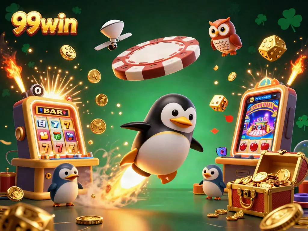 Experience the excitement of 99win with a mystical casino universe featuring golden penguins, vibrant jackpots, and lucky symbols.