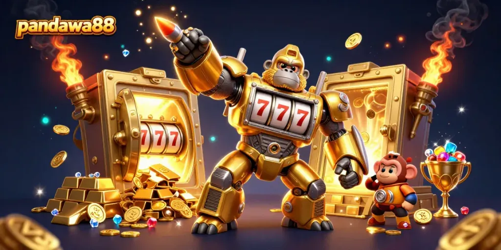 Menangkan jackpot di pandawa88 dengan gorila emas mekanik dan harta karun berkilau.