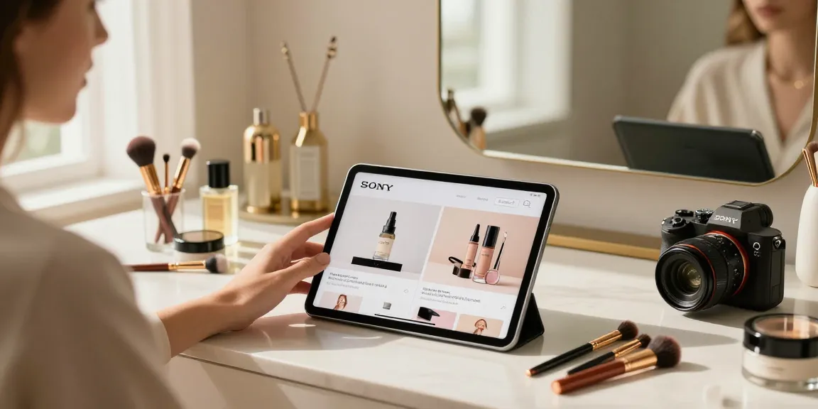 Pengalaman berbelanja LUXURY12 Link Alternatif di meja rias dengan produk kecantikan premium dan pencahayaan lembut.