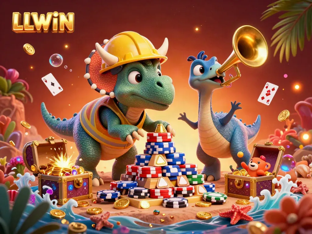 LLWIN celebrates with triceratops and parasaurolophus in a vibrant casino scene filled with treasure and fun.