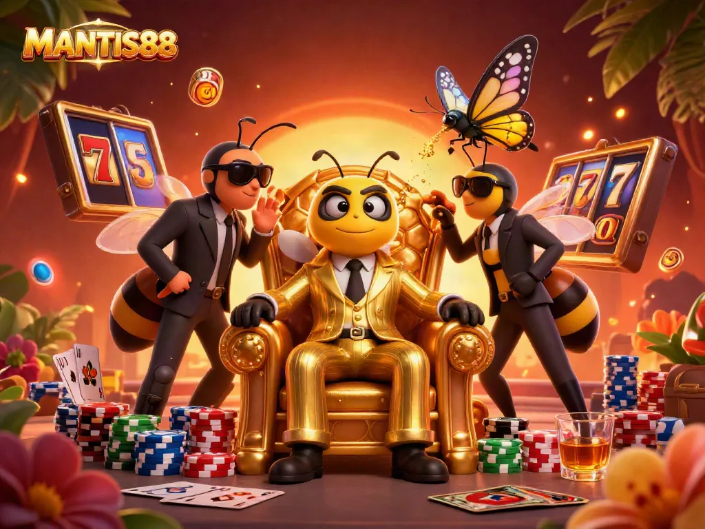 MANTIS88 offers a vibrant, engaging 3D scene depicting a cartoon bumblebee mob boss surrounded by slot reels and poker chips.