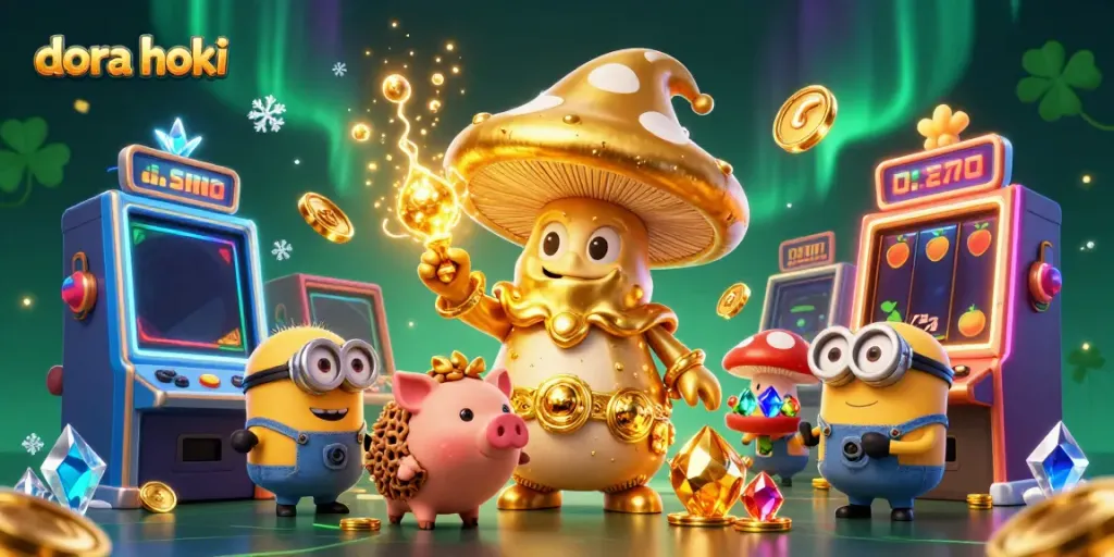 Slot gacor dora hoki yang menampilkan penyihir jamur emas dengan detail berkilau dan elemen kasino yang menarik.