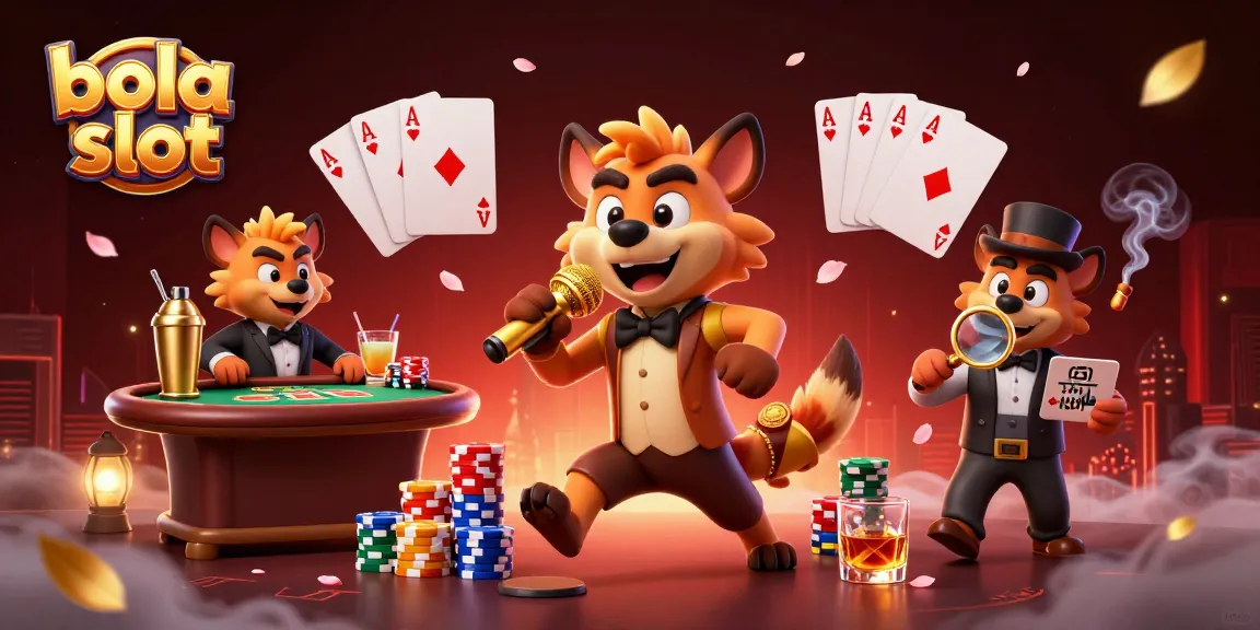 Spin the reels at bola slot with vibrant casino characters in action at a comedy club scene.