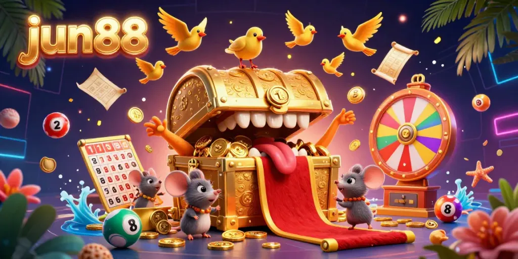 Experience excitement with jun88 as a golden chest lures players with treasures amidst bouncing lottery balls.