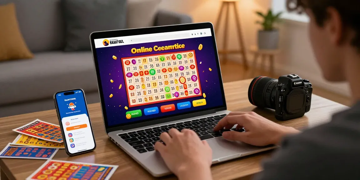 Pengguna rajatogel daftar bermain togel online dengan laptop, smartphone dan tiket togel berwarna-warni di sekelilingnya.