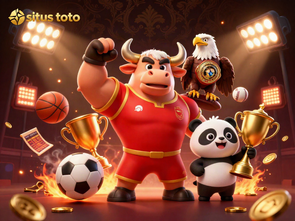 Situs toto menghadirkan keseruan taruhan dengan karakter lucu seperti banteng, burung elang, dan panda yang memegang trofi.