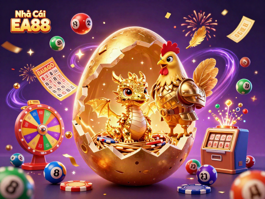 Engage with Nhà Cái EA88's vibrant casino scene featuring a golden baby dragon among thrilling gaming elements.