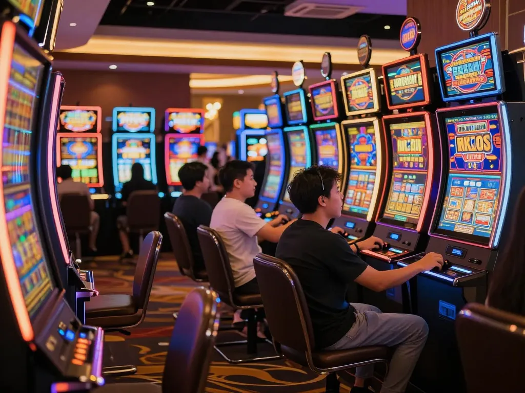 Engaged players enjoy Slot Gacor at colorful casino machines, celebrating every win.