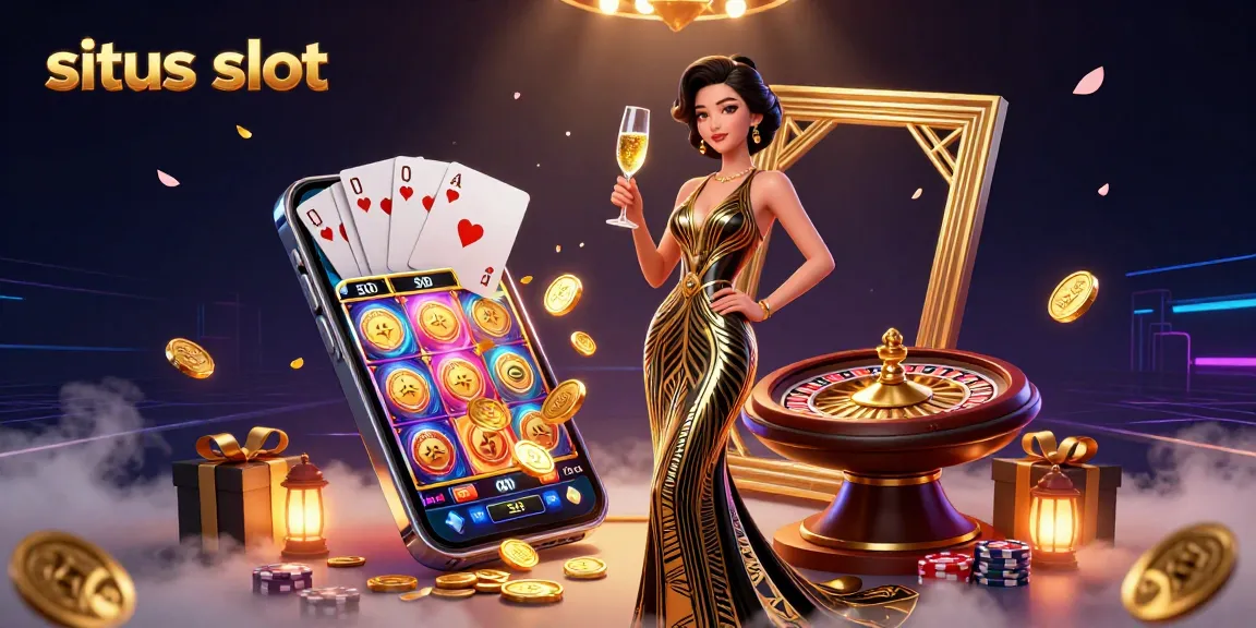 Experience situs slot excitement with glamorous casino scene featuring rewards and winning slots.