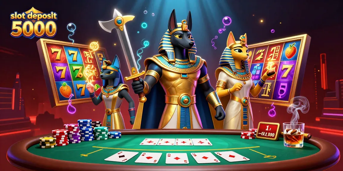 Experience excitement with vibrant slot deposit 5000 action featuring Anubis and Bastet in a casino-style scene.