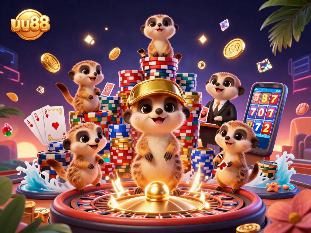 Experience the excitement of uu88 with a dynamic casino scene featuring meerkats and vibrant game elements.