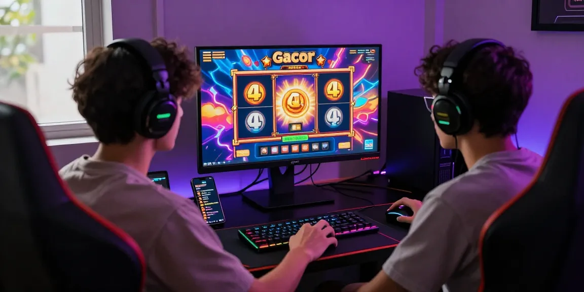 Player engaged in slot gacor gameplay at a colorful gaming setup.